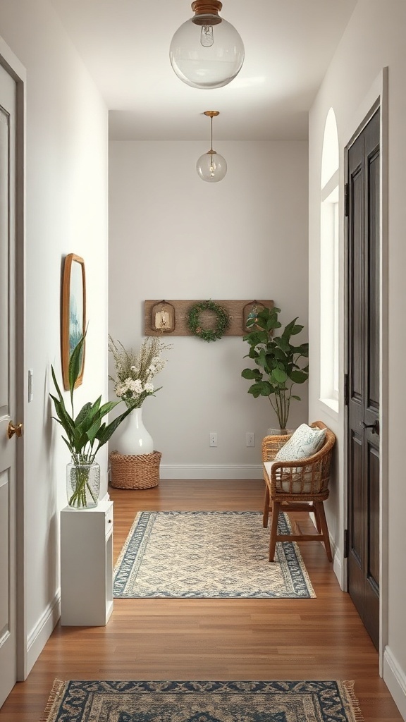 A bright, inviting hallway with plants, a chair, and decorative rugs.