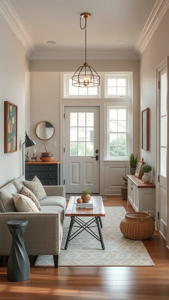 A cozy entryway with a comfortable sofa, warm lighting, and decorative accents.