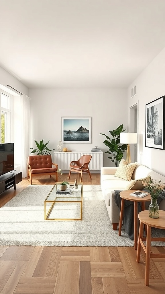 A well-arranged tiny living room with a couch, chairs, plants, and a glass coffee table.