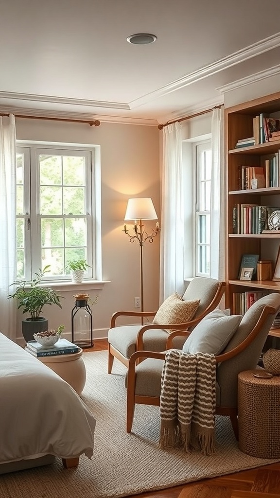 Cozy living room nook with two chairs, a lamp, and bookshelves