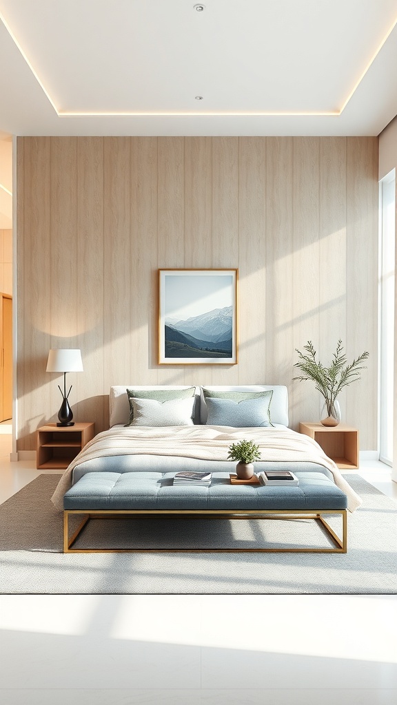A serene bedroom with a central bed, light wood accents, and natural light creating a calm atmosphere.