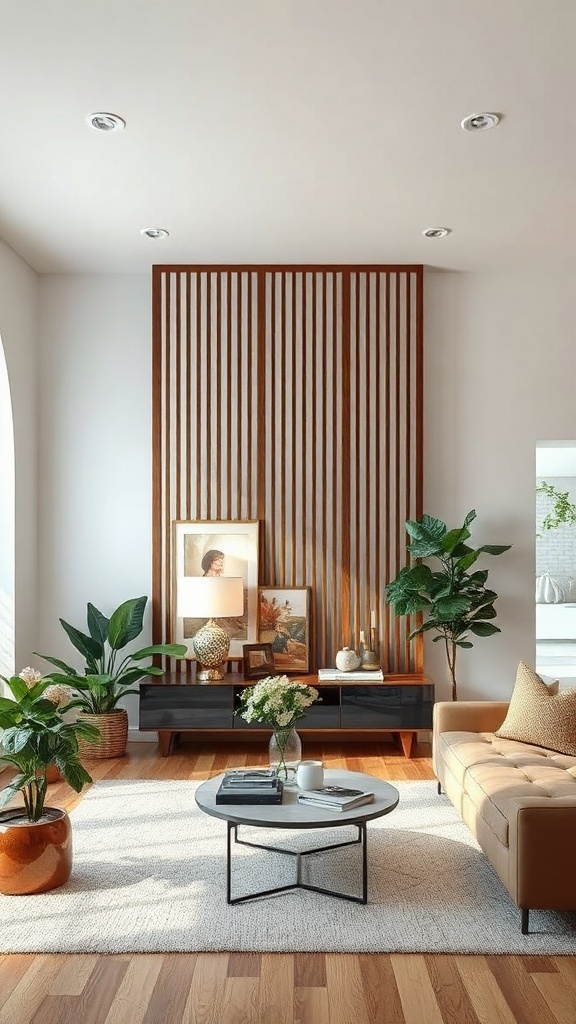 A modern living room featuring a wooden partition with vertical slats, decorative items, and plants.