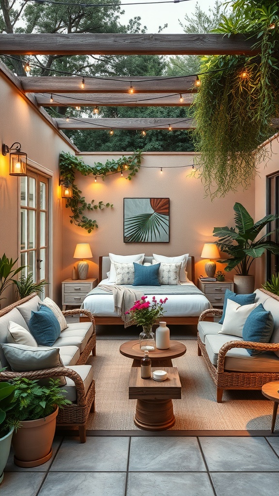 Cozy outdoor space with rattan furniture, plants, and warm lighting.