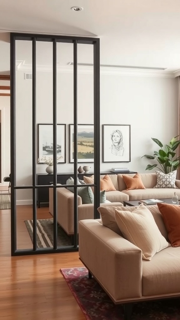 A stylish entryway partition in a modern living room, separating spaces while allowing light to flow.