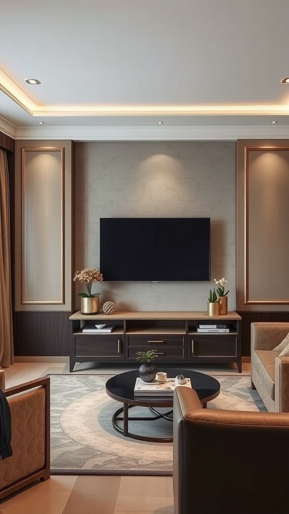 A living room featuring a stylish partition with a modern TV unit, showcasing a cozy and elegant atmosphere.