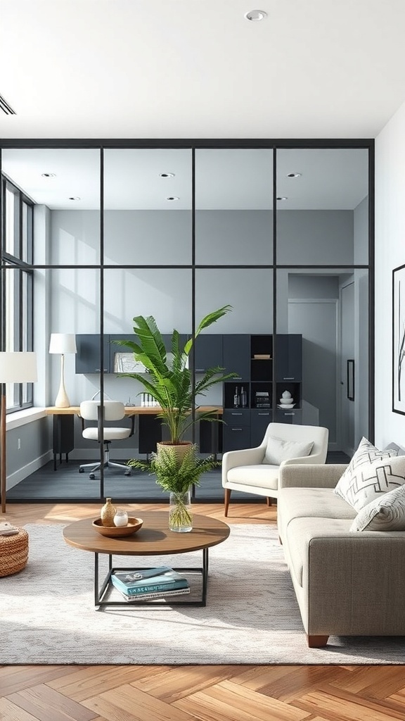 A modern office space featuring a glass partition wall separating the main area from a cozy office setup, with plants and stylish furniture.