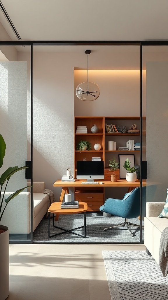 Stylish office space with wood and glass partition showing a cozy desk setup.