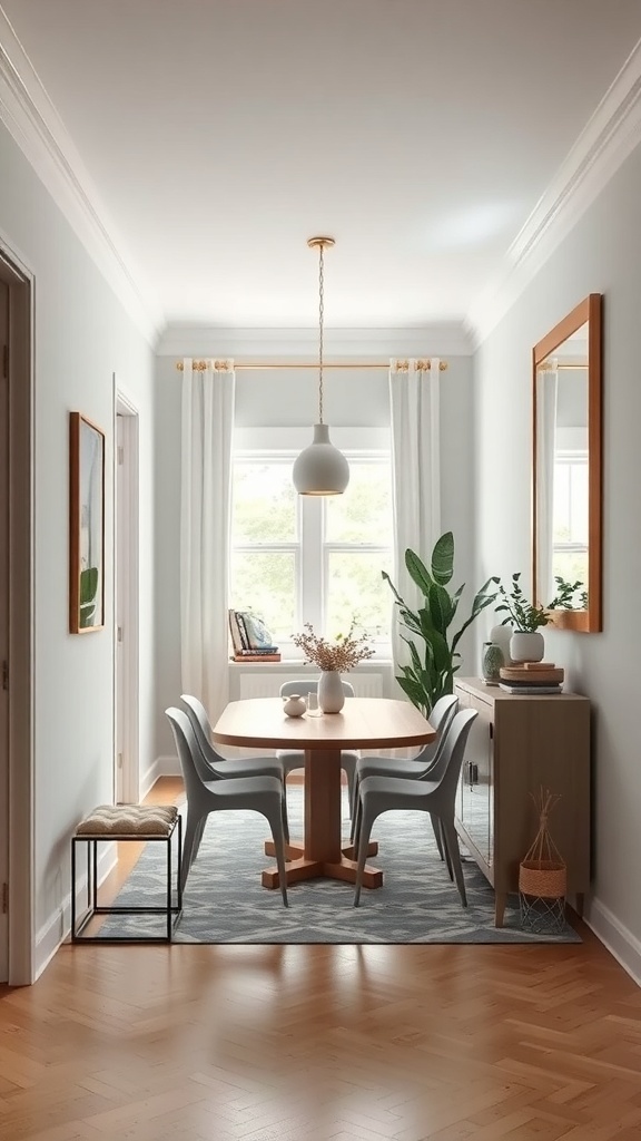 A narrow dining room featuring a wooden table, modern chairs, and mirrors reflecting natural light.