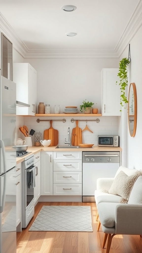 Cozy tiny kitchen with white cabinets, wooden accents, and organizational tools for efficient cooking.