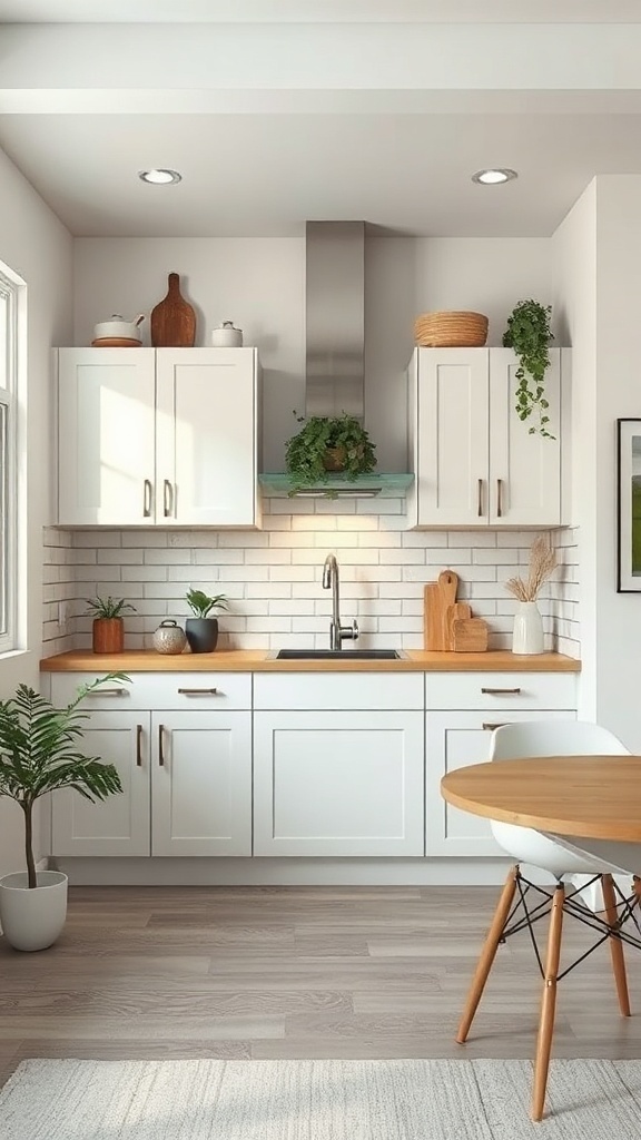Cozy small kitchen with white cabinets, wooden countertop, and dining table.