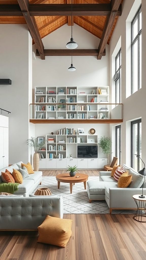 A modern living area featuring a stylish bookshelf partition that divides the space, showcasing cozy sofas and a warm coffee table.