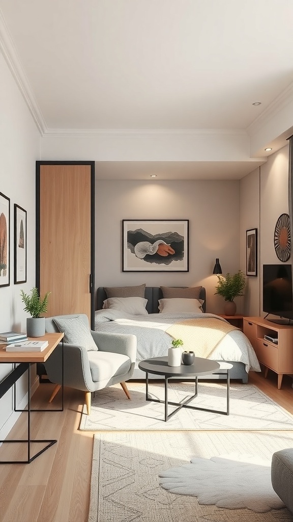A cozy small room featuring a wooden sliding door divider, a bed, a seating area, and decorative plants.