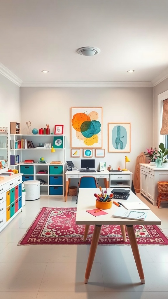 A bright and organized arts and crafts space in an unfinished basement, featuring a central table, colorful storage, and vibrant wall art.