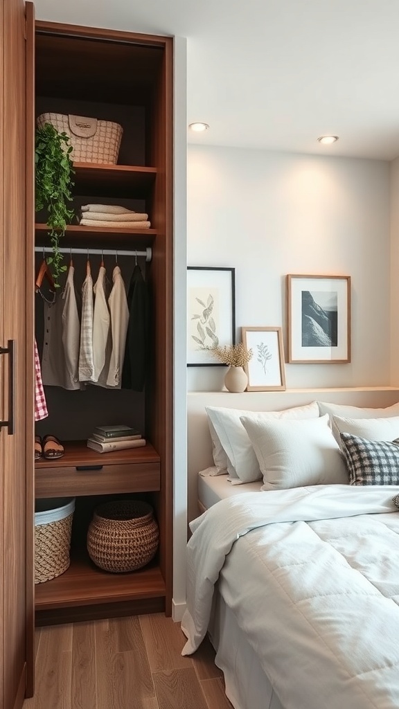 Cozy bedroom with open closet showcasing organized clothing, baskets, and plants.