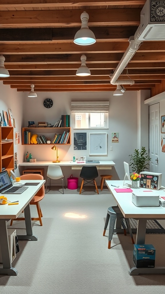 A bright and organized basement crafting space with multiple workstations, shelves of books, and cozy seating.