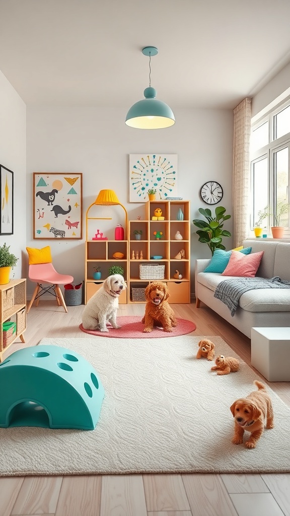 A colorful dog play area featuring two dogs, a play structure, and cheerful decor.