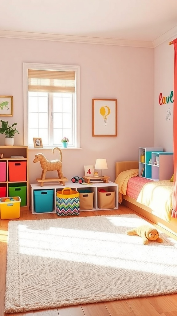 A bright and colorful kids' play zone in a living room corner with storage bins, a cozy rug, and playful decor.