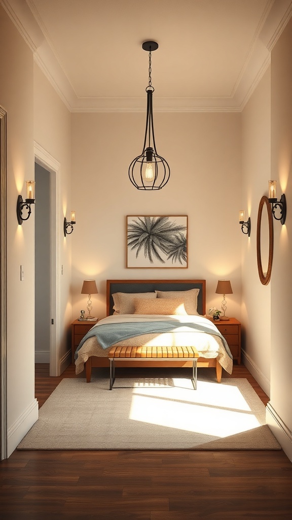 A small foyer with creative lighting options, featuring a pendant light and wall sconces.