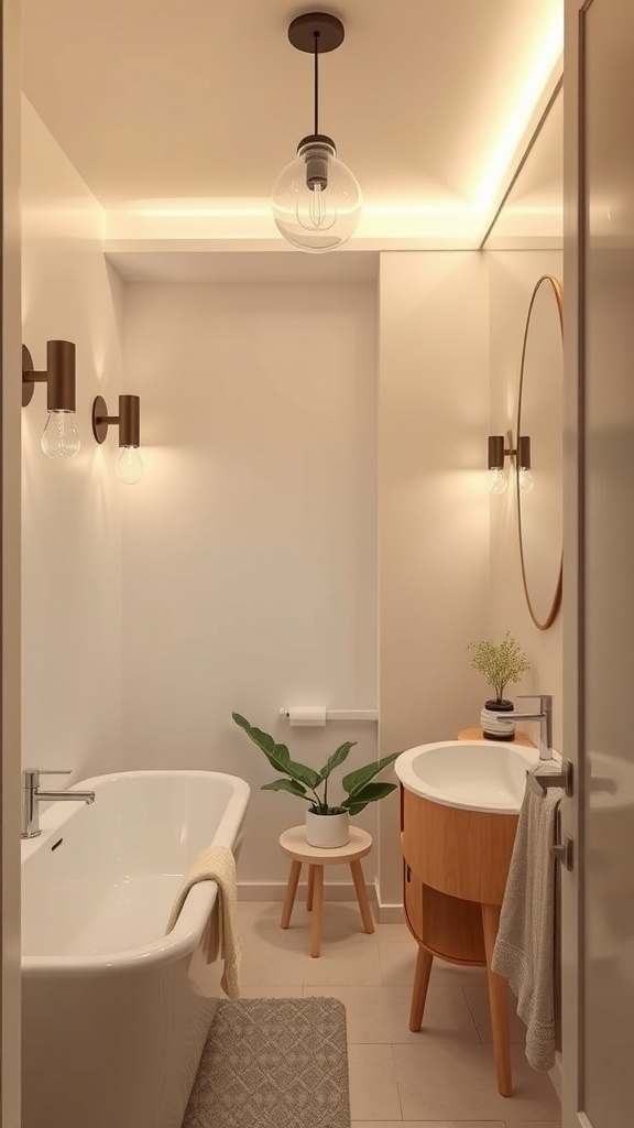 A small, stylish bathroom showcasing elegant lighting fixtures including a pendant and sconces with warm glow.