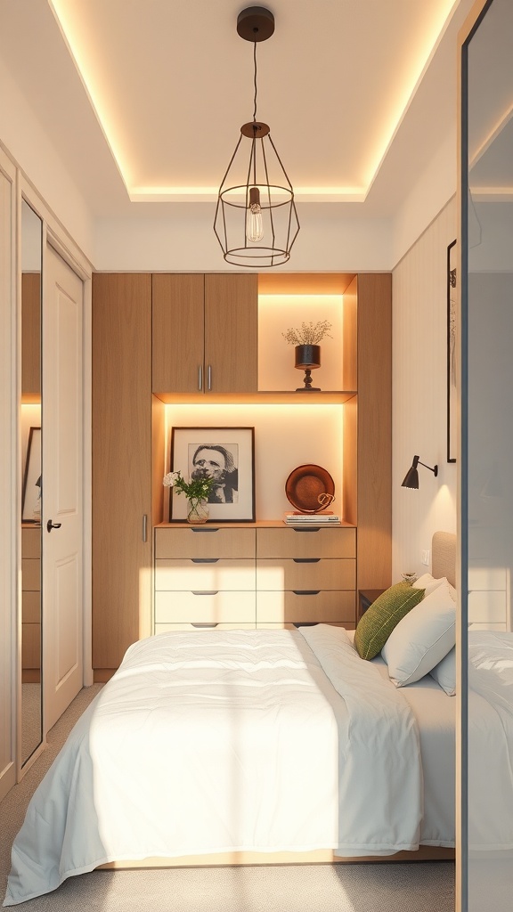 A small walk-in closet with creative lighting solutions, featuring a pendant light and LED strip lights illuminating wooden shelves.