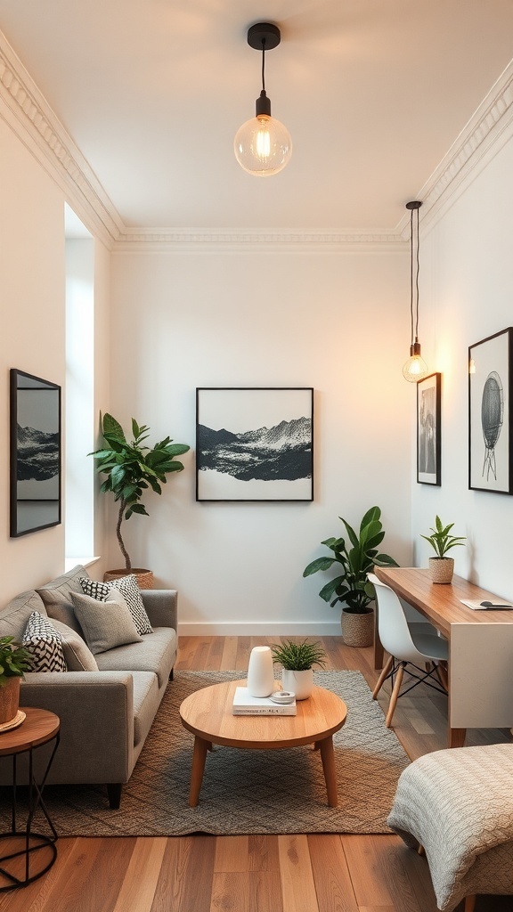 A cozy living area featuring a gray sofa, wooden coffee table, desk, plants, and stylish pendant lighting.