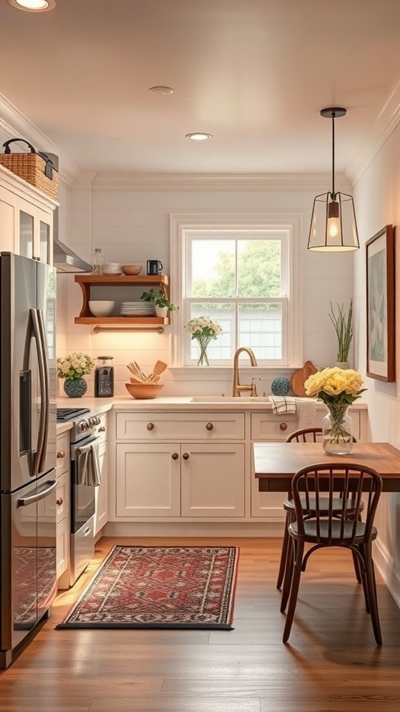 Illuminated tiny farmhouse kitchen with a decorative pendant light and a large window