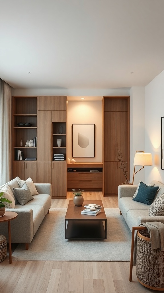 A modern living room with a stylish wooden room divider featuring shelves and cabinets, creating a cozy and organized space.