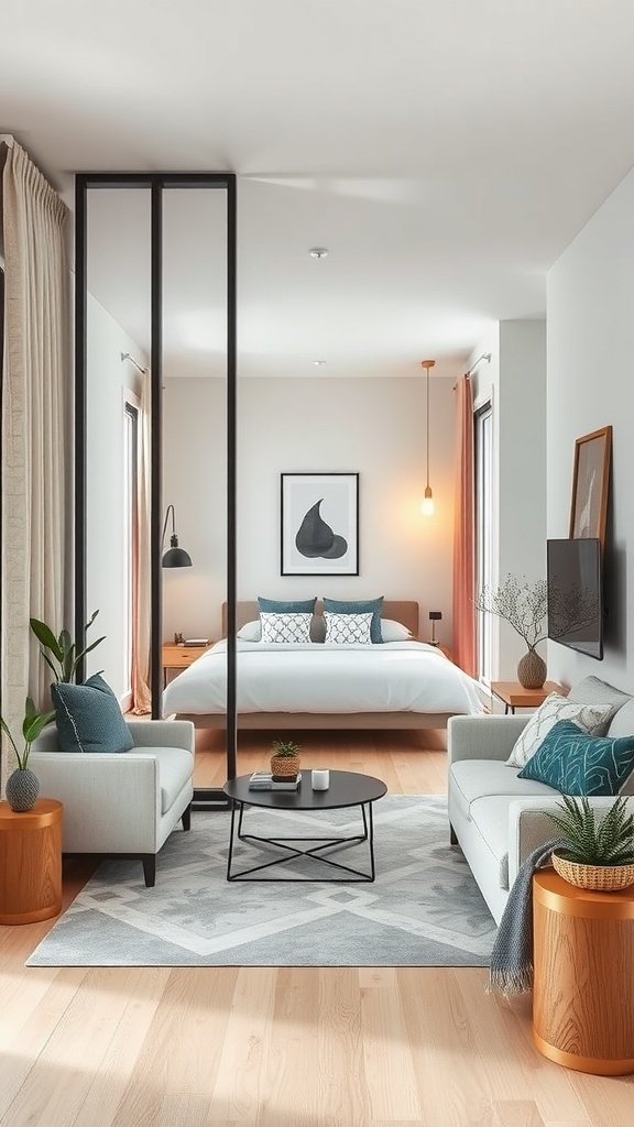 Modern room divider in a stylish tiny apartment, creating a cozy living and sleeping area.