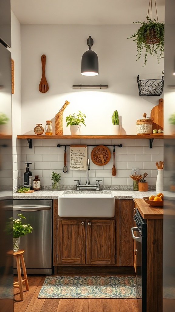 A stylish small kitchen featuring wooden shelves, a farmhouse sink, and decorative plants.