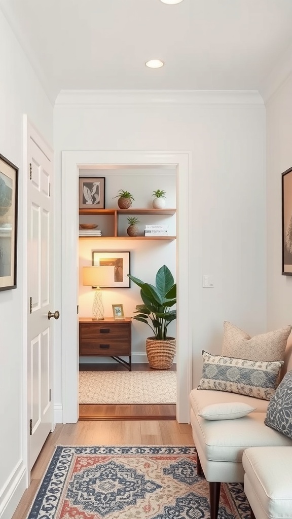 A well-decorated hallway with shelves above a door, showcasing plants and decor items.