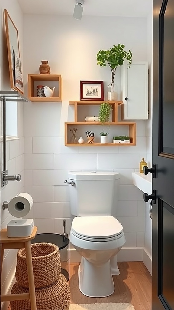 A compact bathroom with creative storage solutions including wood shelves, plants, and decorative items.