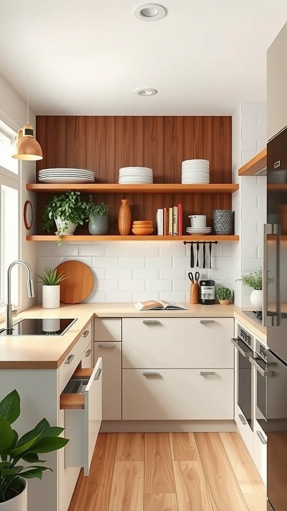 A modern small kitchen with open shelves, stylish storage solutions, and bright natural light.