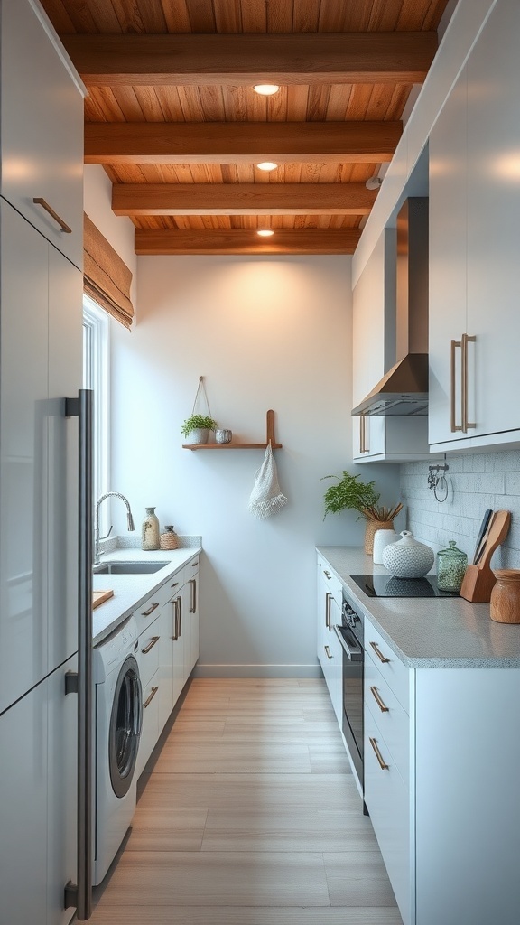 A narrow kitchen featuring sleek cabinets, open shelving, and a washing machine, showcasing effective storage solutions.