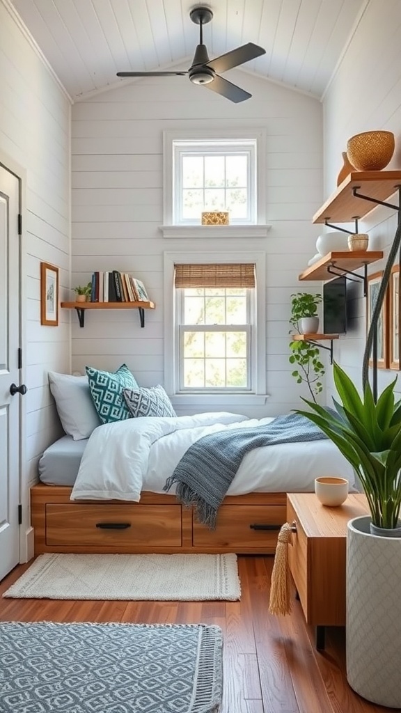 Cozy interior of a tiny house bedroom with storage solutions.