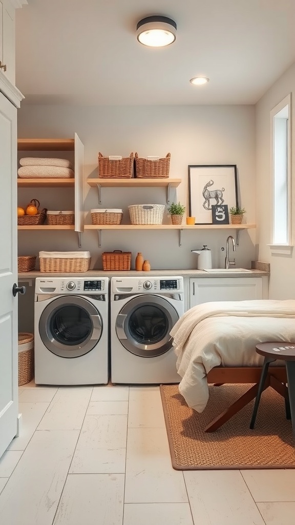A stylish basement laundry room featuring organized shelves, baskets, and modern appliances.