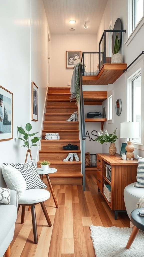 Cozy tiny house interior showcasing creative storage solutions under the stairs.