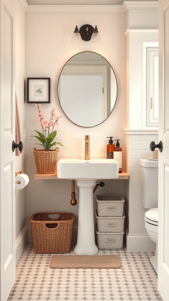 A small bathroom featuring creative storage solutions under the sink with baskets and bins, and a plant