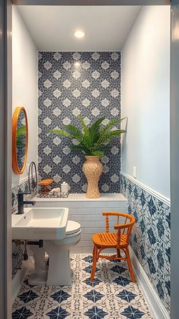A small bathroom featuring artistic tile designs in blue and white, with an orange chair and a plant.