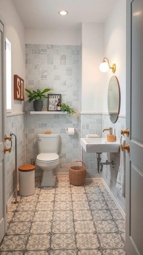 A stylish tiny half bathroom featuring creative tile patterns on the floor and walls.