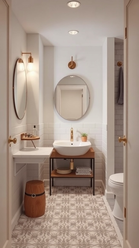 A small, stylish ensuite bathroom featuring patterned floor tiles, modern lighting, and minimalist decor.