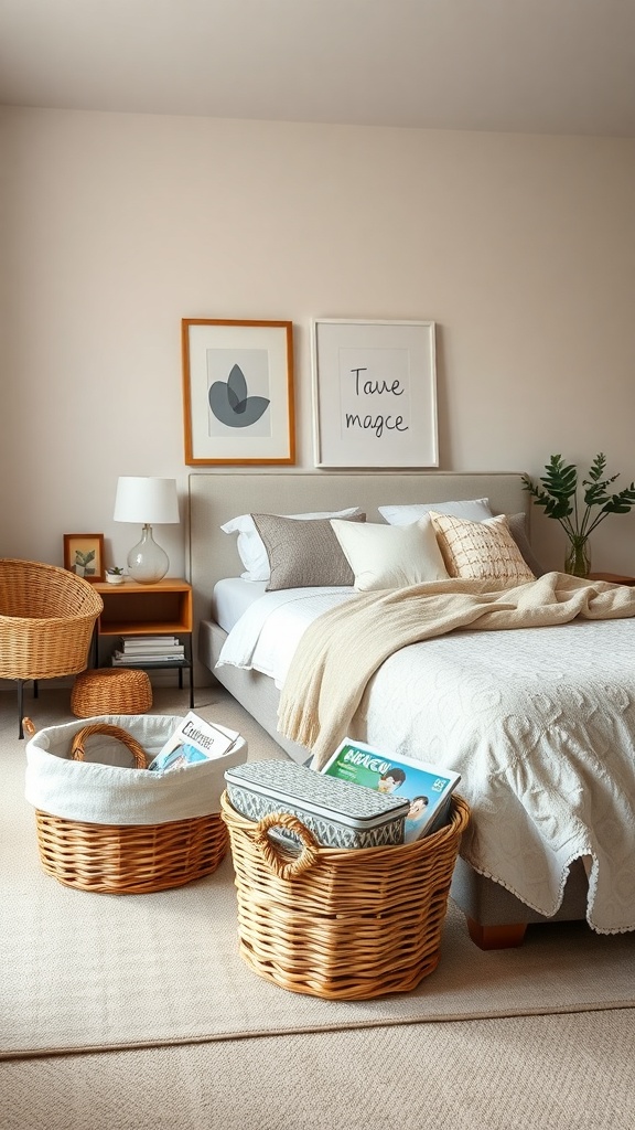 A cozy bedroom with two woven baskets, one filled with magazines and the other with a lid, showcasing a stylish and organized space.