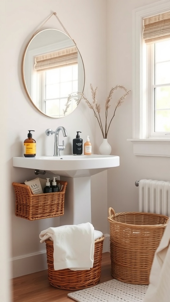 A bright bathroom featuring woven baskets for storage, with towels and toiletries organized neatly.
