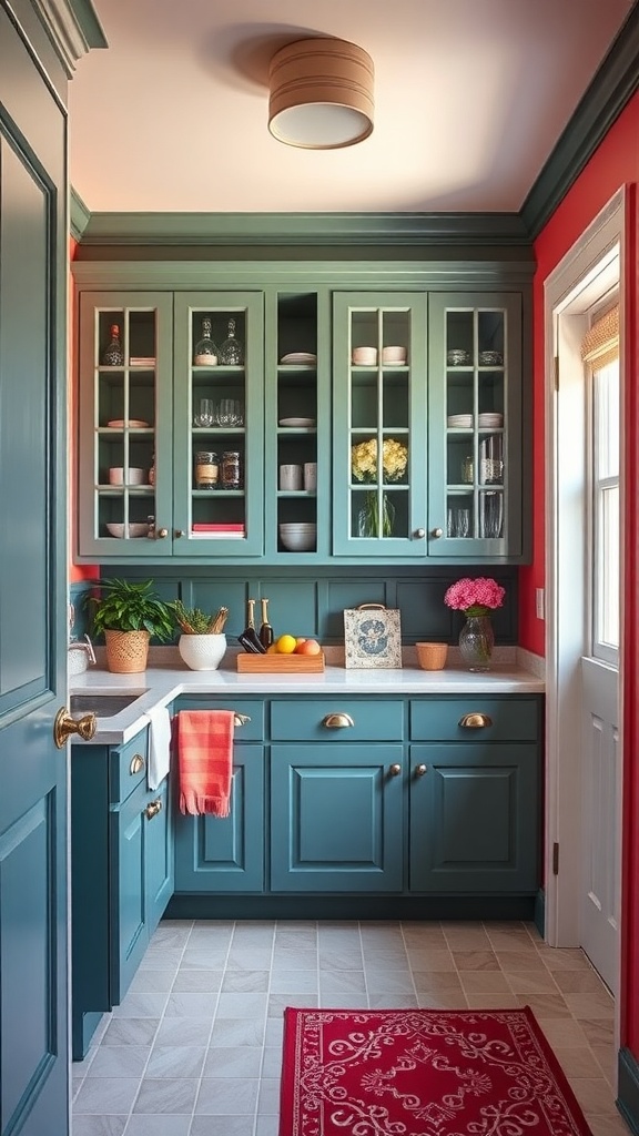 A colorful butler's pantry featuring teal cabinets and red walls, with plants and decorative items.