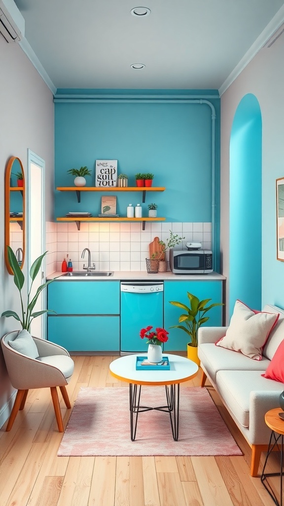 A small kitchenette featuring aqua cabinetry, open shelving with plants, and a cozy seating area.