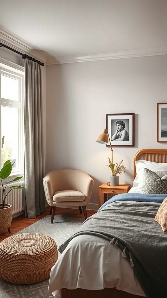Bedroom with a corner reading nook, featuring a cozy chair and a small table