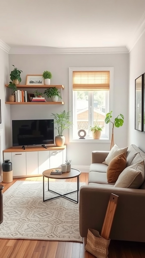 Cozy living room with corner shelves, plants, and a round coffee table.