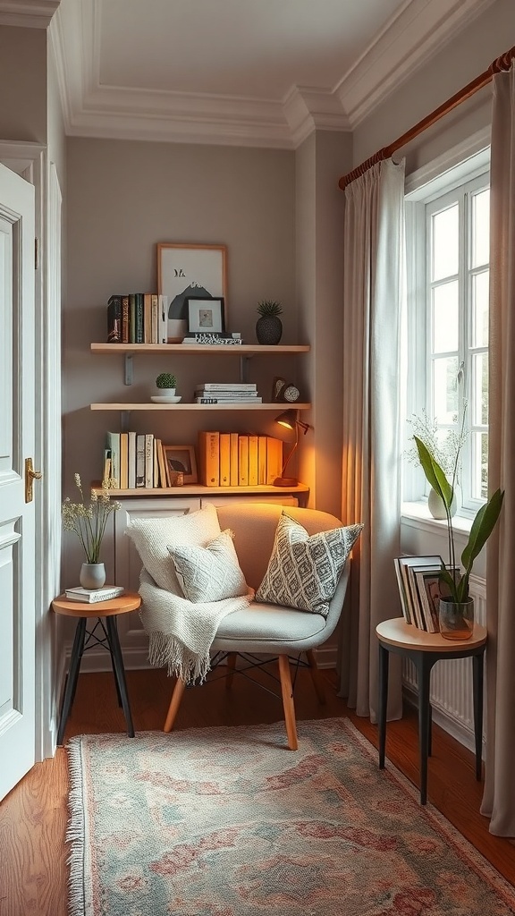 Cozy corner with a chair, shelves, and plants in a small room