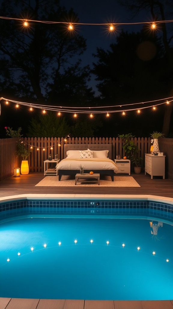A cozy above ground pool deck at night with string lights and a comfortable seating area.