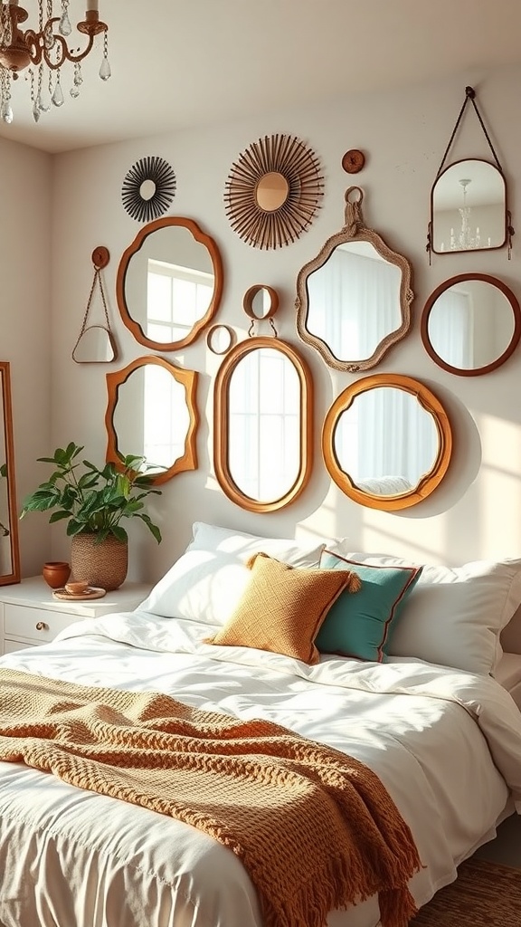 A boho bedroom featuring a wall of decorative mirrors in various shapes and sizes, with a cozy bed and warm color tones.
