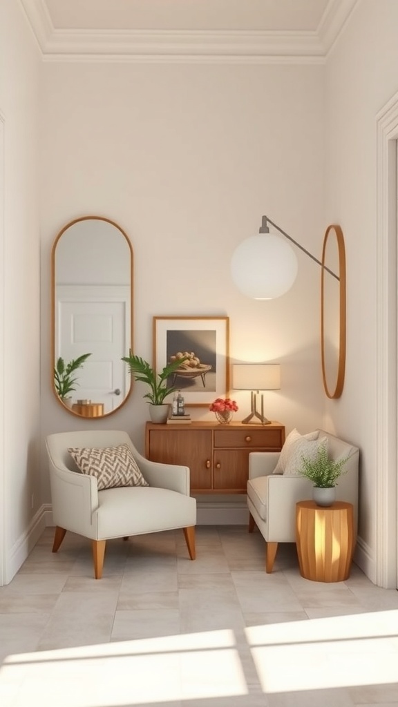 Cozy corner with two chairs, wooden furniture, and mirrors enhancing the small space.
